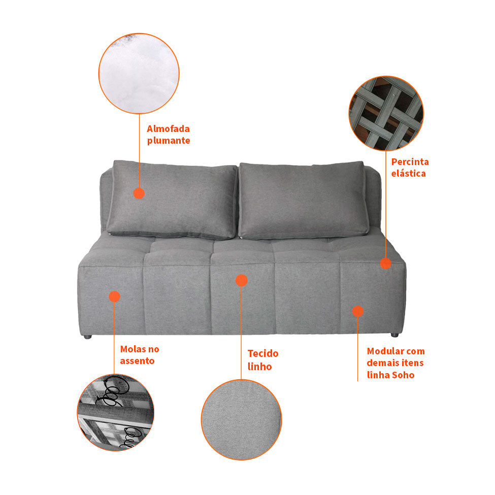 [COMPRE 1, LEVE 2]  Sofá 2 Lugares Modular Soho Linho + 2 Almofadas Encosto Oxford